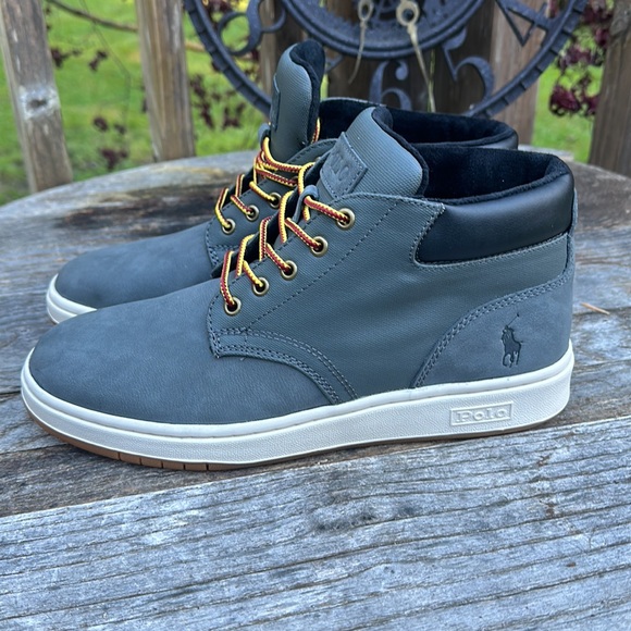 🆕Polo Ralph Lauren leather & synthetic ankle SNEAKER BOOT-BO-LCB gray/wht/blk 8 - Picture 1 of 13